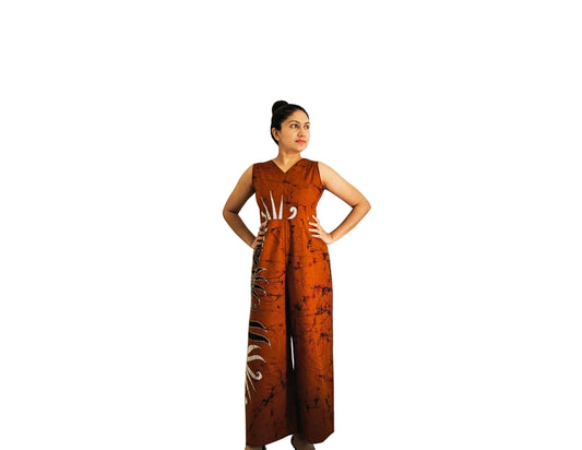 MODERN COTTON BATHIK JUMP SUIT FOR WOMEN- Brown