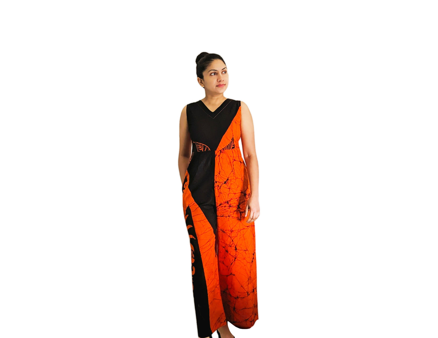MODERN COTTON BATHIK JUMP SUIT FOR WOMEN-Orange and Black