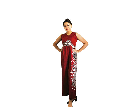 MODERN COTTON BATHIK JUMP SUIT FOR WOMEN- Maroon