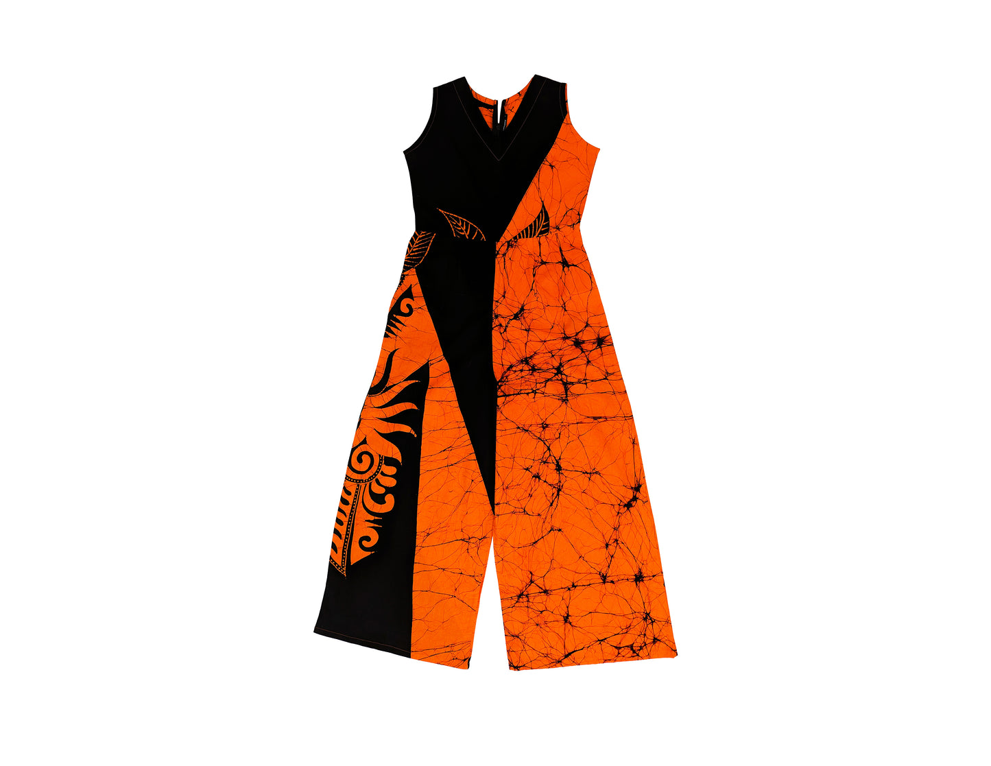 MODERN COTTON BATHIK JUMP SUIT FOR WOMEN-Orange and Black