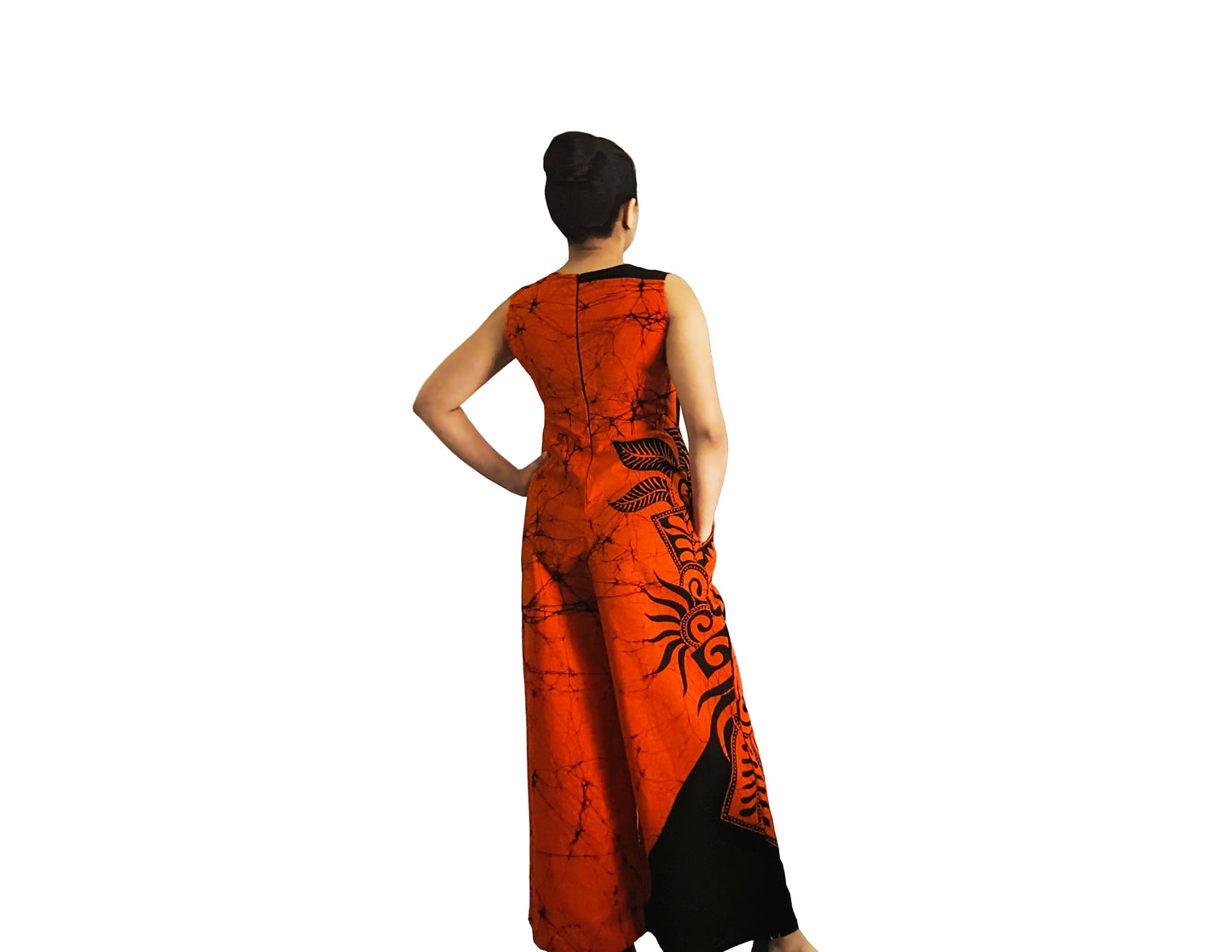 MODERN COTTON BATHIK JUMP SUIT FOR WOMEN-Orange and Black