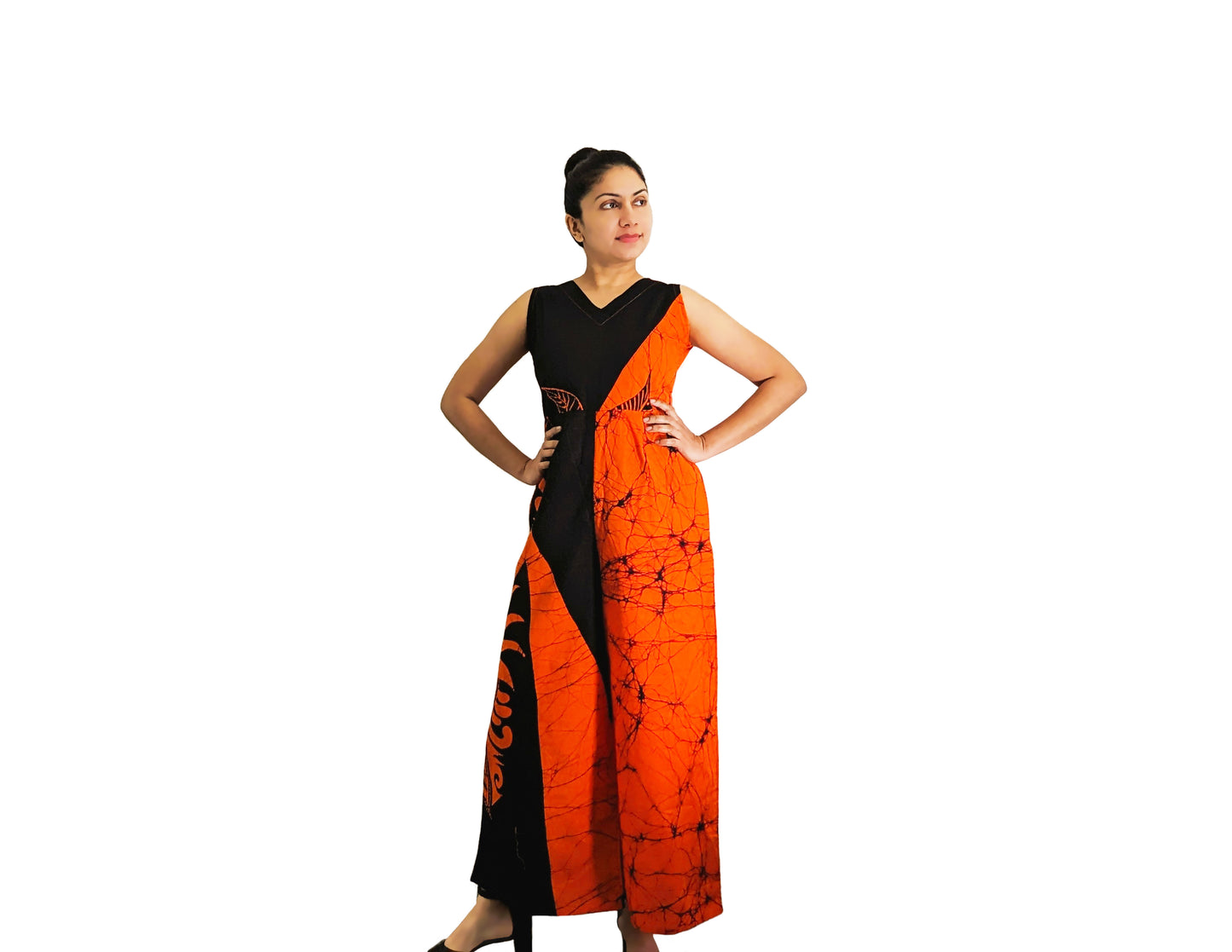 MODERN COTTON BATHIK JUMP SUIT FOR WOMEN-Orange and Black